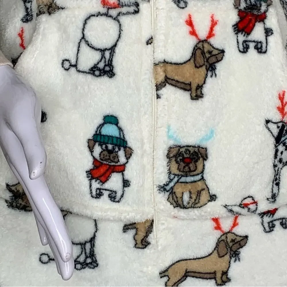 Holiday Time One Piece Hoodie Doggies Print Front Zipper Size XS